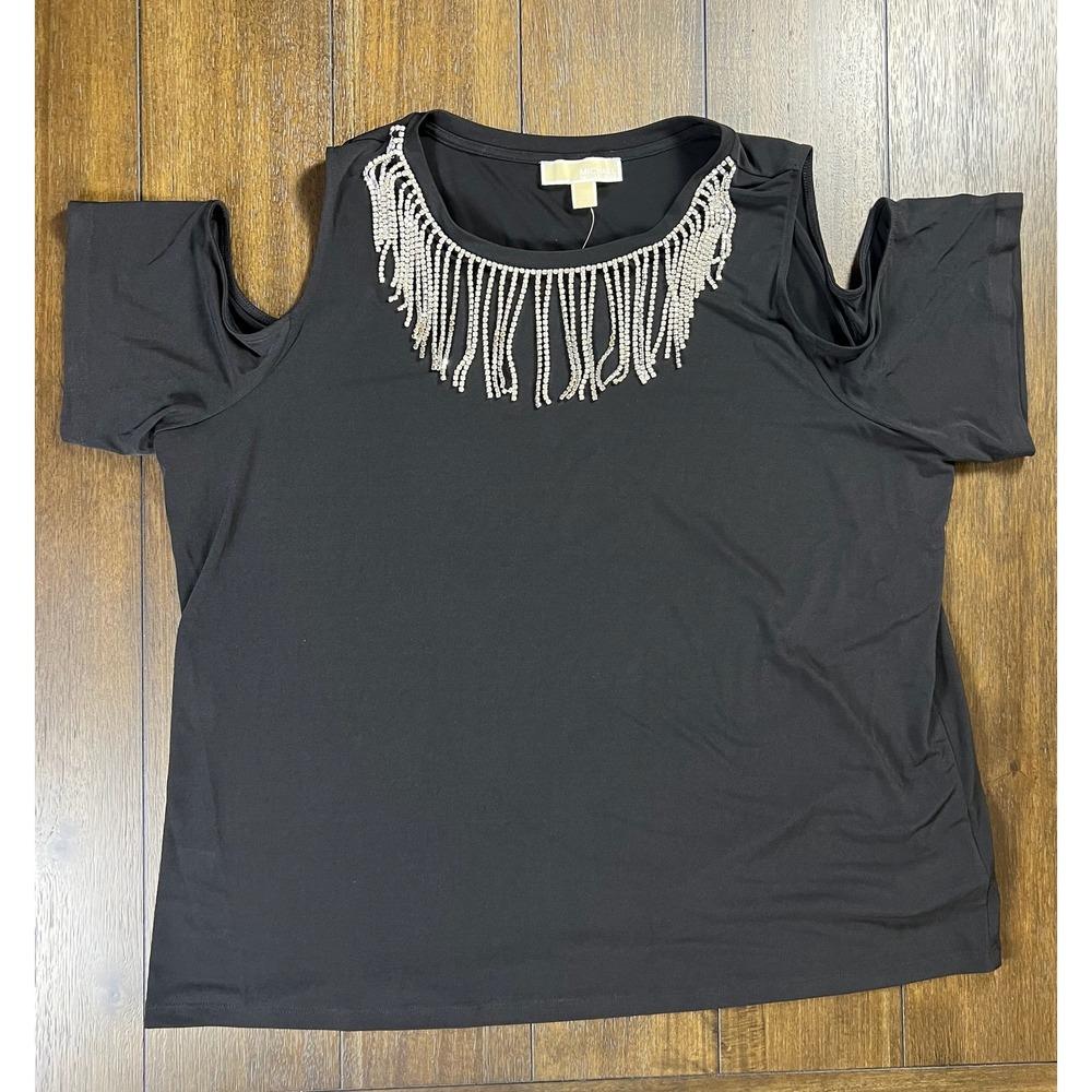 Michael Kors Black Cold Shoulder Rhinestone Fringe Bib Top 2X WF250US03G NEW